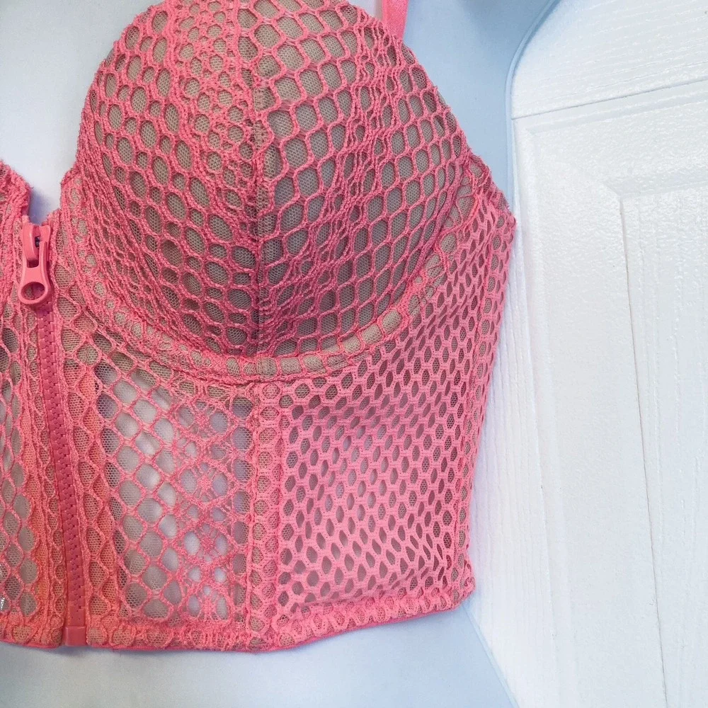 Victoria Secret Very Sexy Corset Size 34C Pink Fishnet Zip Front Bustier Top NEW